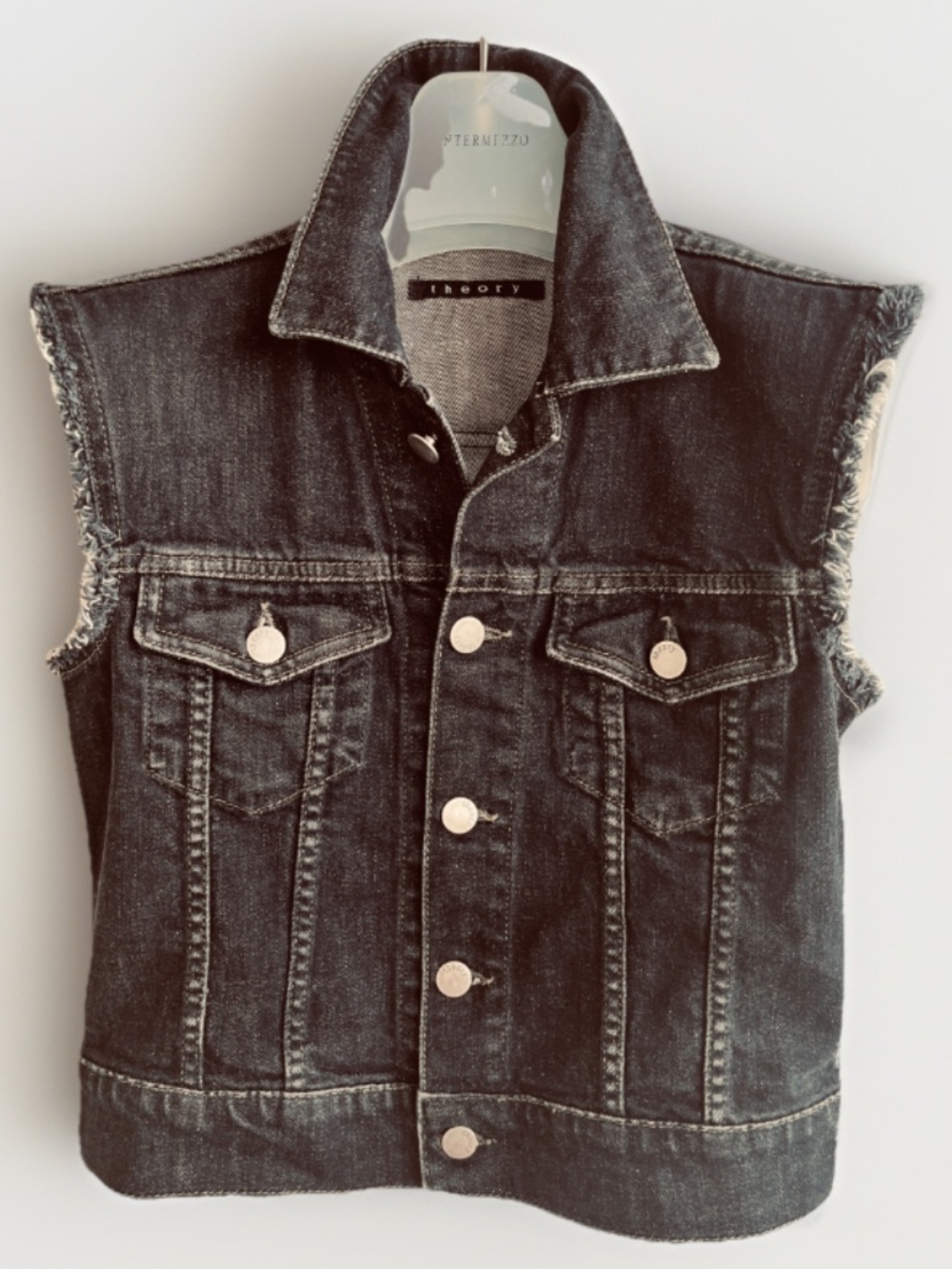 Theory Black Washed Denim Vest Cropped Distressed Frayed Raw Hem XS US (0–2)
